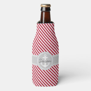 Red and Grey Stripes Nautical Anchor Monogram Bottle Cooler