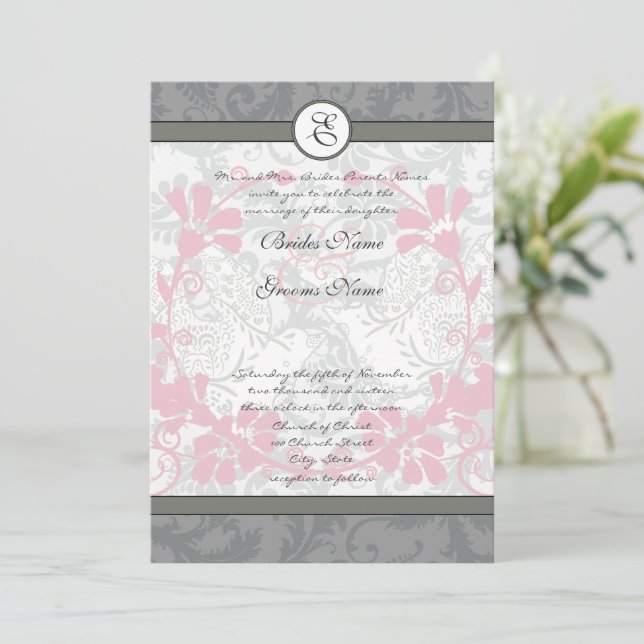 Red and Grey Vintage Lovebird Damask Wedding Invitation (Standing Front)