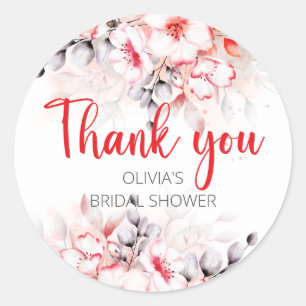 Red and Grey Watercolor Flowers Bridal Shower Classic Round Sticker