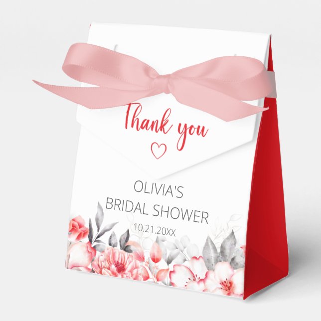 Red and Grey Watercolor Flowers Bridal Shower Favour Box (Front Side)