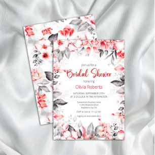 Red and Grey Watercolor Flowers Bridal Shower Invitation