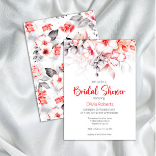 Red and Grey Watercolor Flowers Bridal Shower Invitation