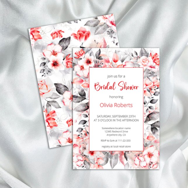Red and Grey Watercolor Flowers Bridal Shower Invitation (Creator Uploaded)
