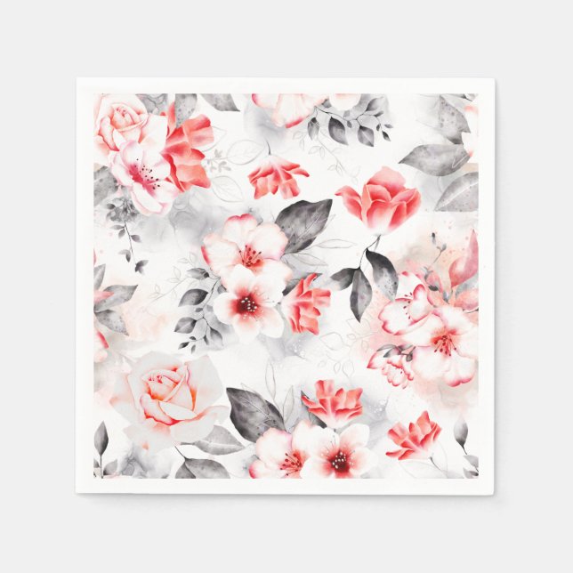 Red and Grey Watercolor Flowers Bridal Shower Napkin (Front)