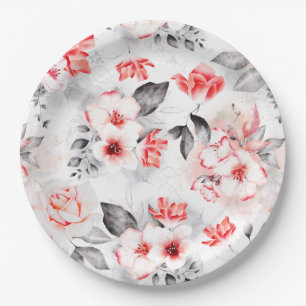 Red and Grey Watercolor Flowers Bridal Shower Paper Plate