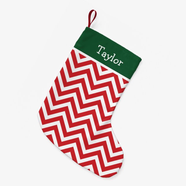 Red and Hunter Green Holiday Chevron Monogram Small Christmas Stocking (Front (Hanging))