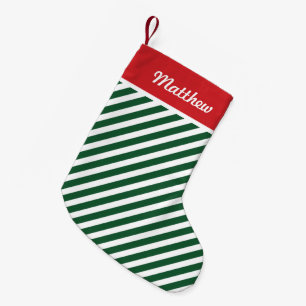 Red and Hunter Green Holiday Stripes Monogram Small Christmas Stocking