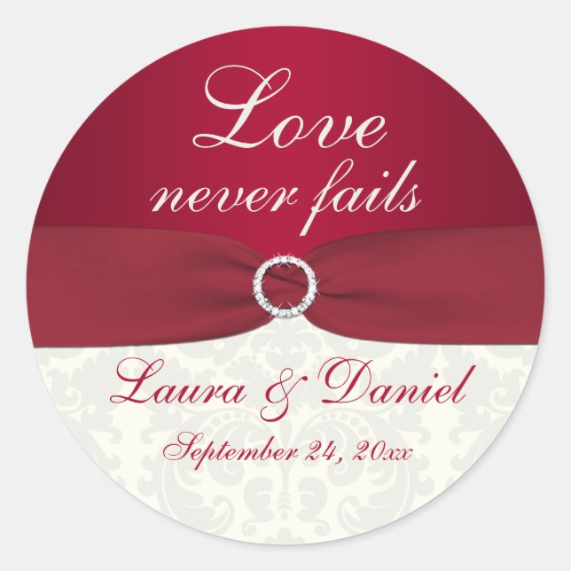 Red and Ivory Damask 1.5" Round Wedding Sticker (Front)