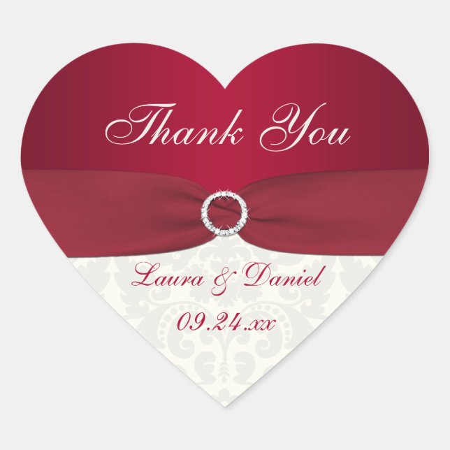 Red and Ivory Damask Heart-shaped Wedding Sticker (Front)