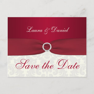 Red and Ivory Damask Save the Date Postcard