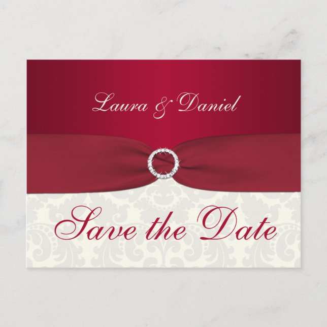 Red and Ivory Damask Save the Date Postcard (Front)