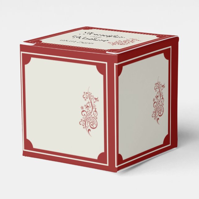 Red and Ivory Filigree Border Wedding Favour Box (Front Side)