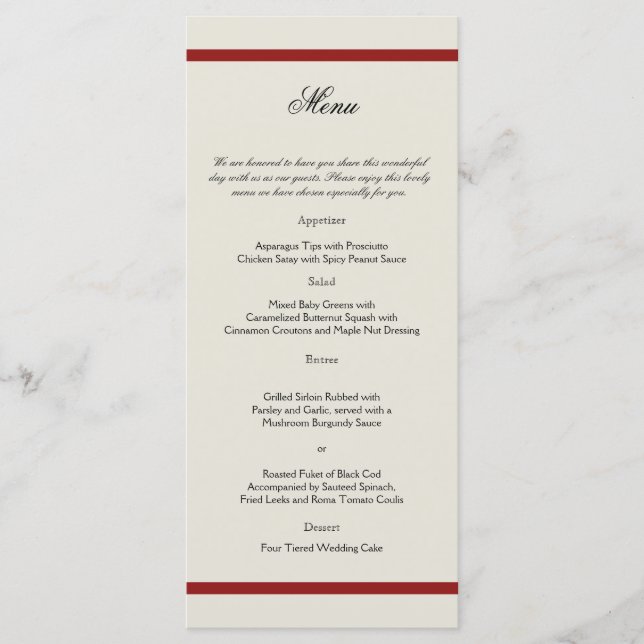 Red and Ivory Filigree Vintage Wedding Menu (Front)