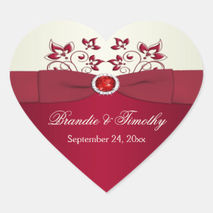 Red and Ivory Floral Heart Shaped Sticker