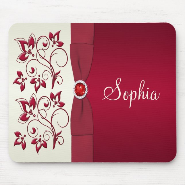 Red and Ivory Floral Mousepad (Front)