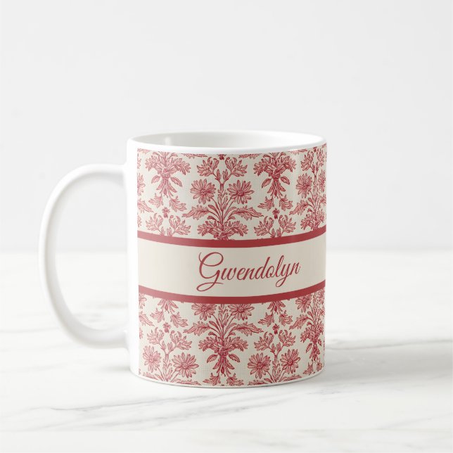 Red and Ivory Floral Toille Pattern with Name Coffee Mug (Left)