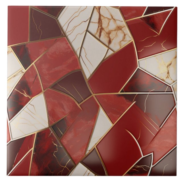 Red and Ivory Marble Effect Patchwork Tile (Front)