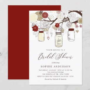 Red and Ivory Mason Jars Bridal Shower Invitation