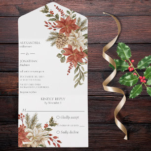 Red and Ivory Poinsettias with Pine All In One Invitation
