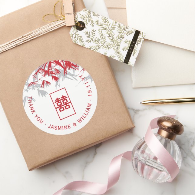 Red And Jade Green Bamboo Leaves Zen Asian Wedding Classic Round Sticker (Gifting)
