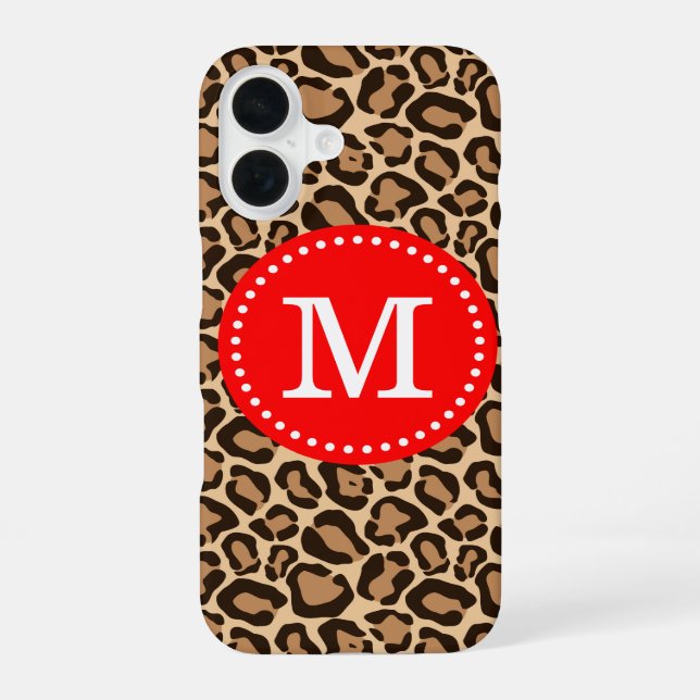 Red and Leopard Print Custom Monogram iPhone 16 Case (Back)