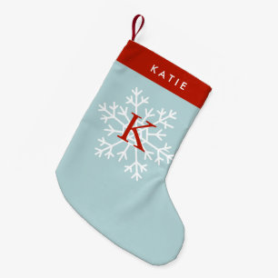Red and Light Blue Snowflake Monogrammed Small Christmas Stocking