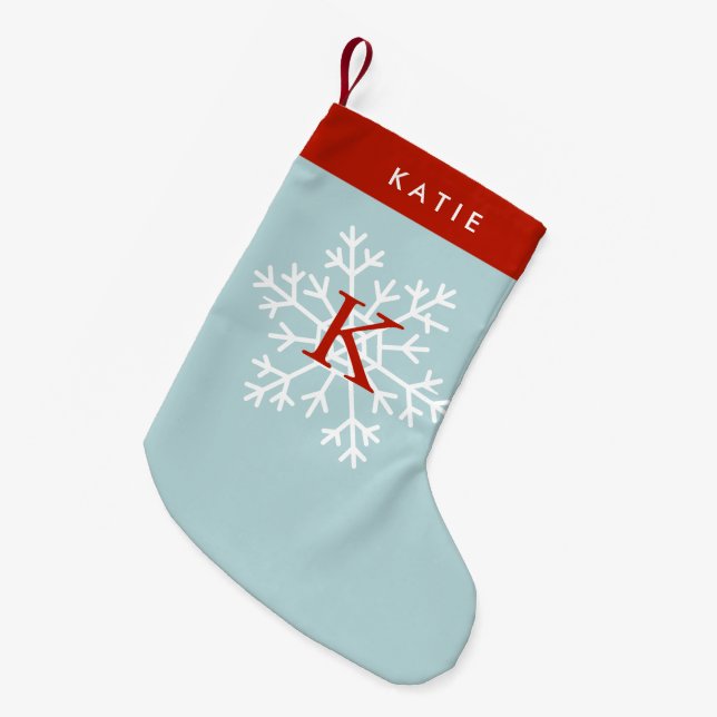 Red and Light Blue Snowflake Monogrammed Small Christmas Stocking (Front (Hanging))