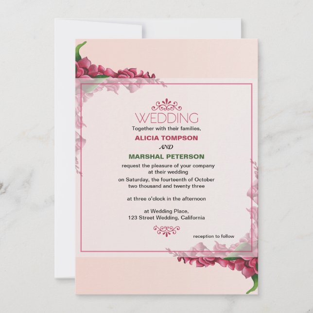 Red and light pink Floral Rustic Wedding  Invitation (Front)