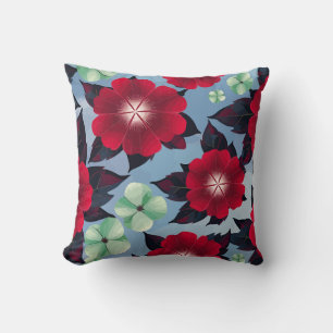 Red and Mint Green Floral on Sky Blue background Cushion