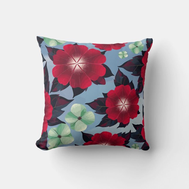Red and Mint Green Floral on Sky Blue background Cushion (Front)