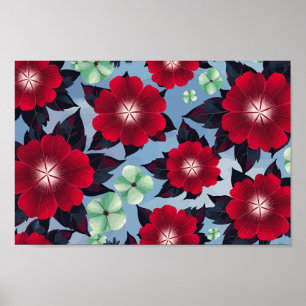 Red and Mint Green Floral on Sky Blue background Poster