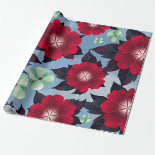 Red and Mint Green Floral on Sky Blue background Wrapping Paper