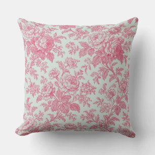 Red and Mint Green Floral Toile de Jouy Cushion