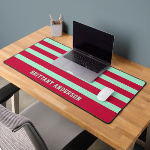 Red and Mint Green Stripes Pattern Personalised Desk Mat