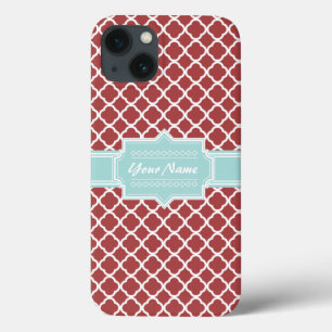 Red and Mint Quatrefoil Personalised iPhone 13 Case