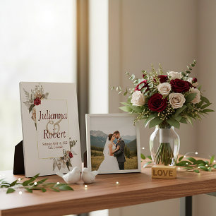 Red and mist watercolor floral   wedding  plaque