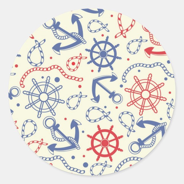 Red and navy background with anchor classic round sticker (Front)