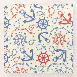 Red and navy background with anchor glass coaster