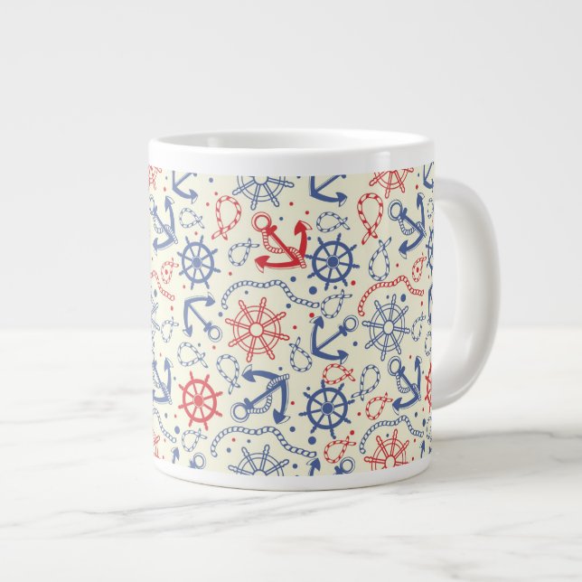 Red and navy background with anchor large coffee mug (Front Right)