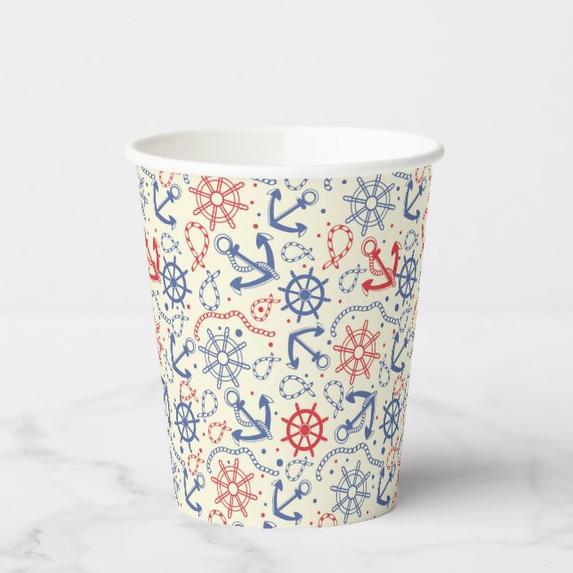Red and navy background with anchor paper cups (Left)