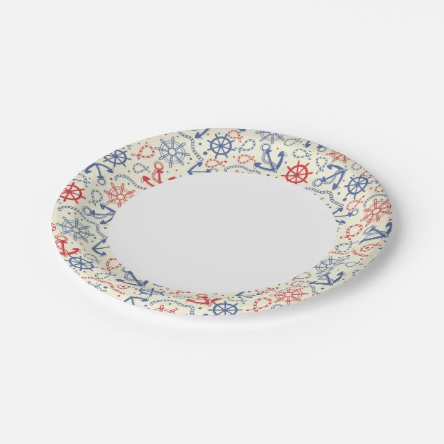 Red and navy background with anchor paper plate (Angled)