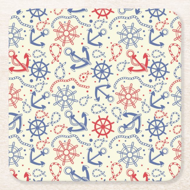 Red and navy background with anchor square paper coaster (Front)