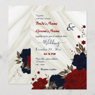 red and navy blue floral wedding invitation