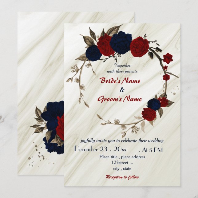 red and navy blue floral wreath wedding  invitation (Front/Back)