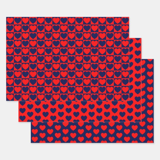 Red and Navy Blue Heart Wrapping Paper Sheets (Set)