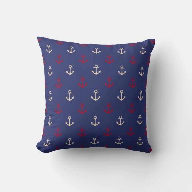 Red And Navy Blue Nautical Anchors Pattern Cushion (Front)