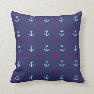 Red And Navy Blue Nautical Anchors Pattern Cushion