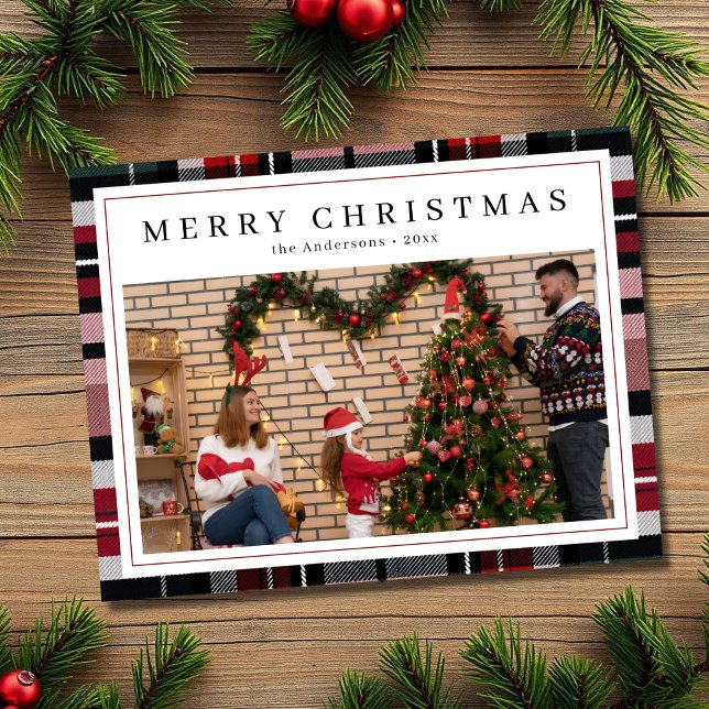 Red and Navy Blue Tartan Plaid Photo Christmas Holiday Card (Creator Uploaded)