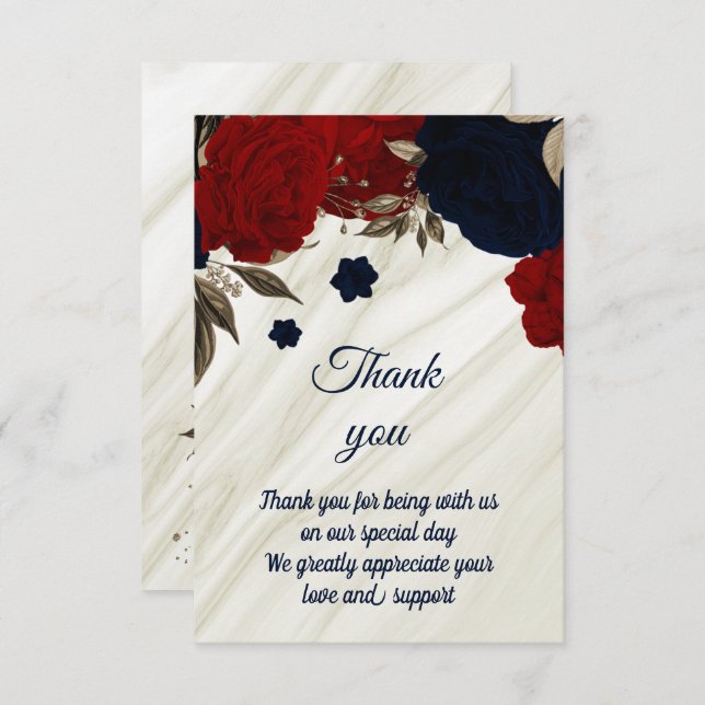 red and navy floral marble thank you card (Front/Back)