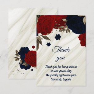 red and navy floral marble thank you card